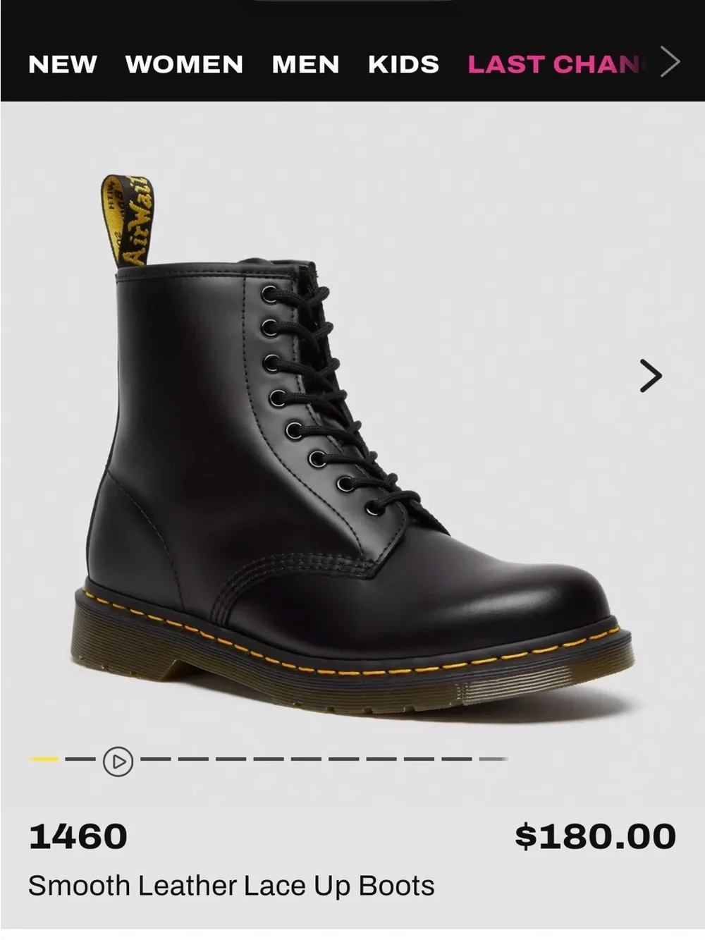Dr. Martens Black 8-Eye Leather Lace-Up Boots with Yellow Stitching